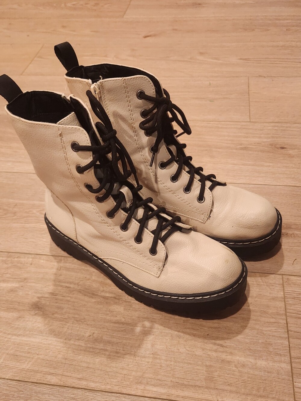 Sincerely Jules Cream Lace-Up Combat Boots with Black Trim